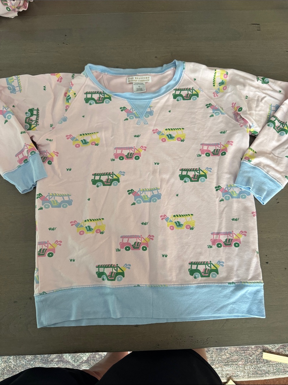 Pastel Pink Long-Sleeve Top with Blue Trim and golf cart print